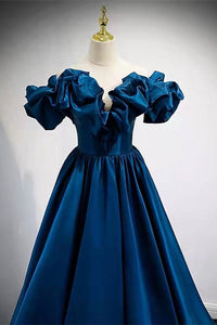 A-Line Dark Blue Off-the-Shoulder Stain Prom Gown