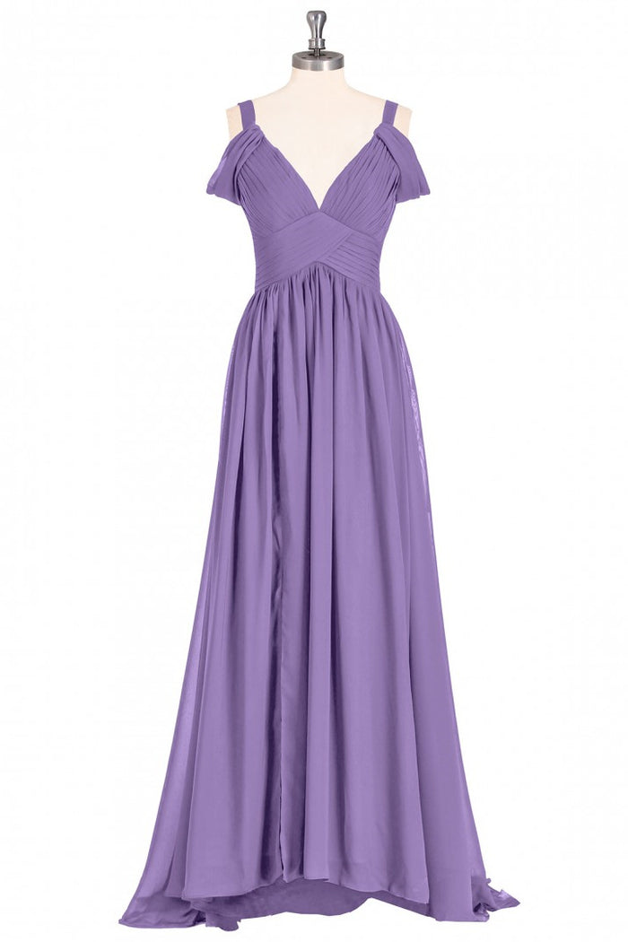 Lavender Cold-Shoulder Banded Waist Long Bridesmaid Dress