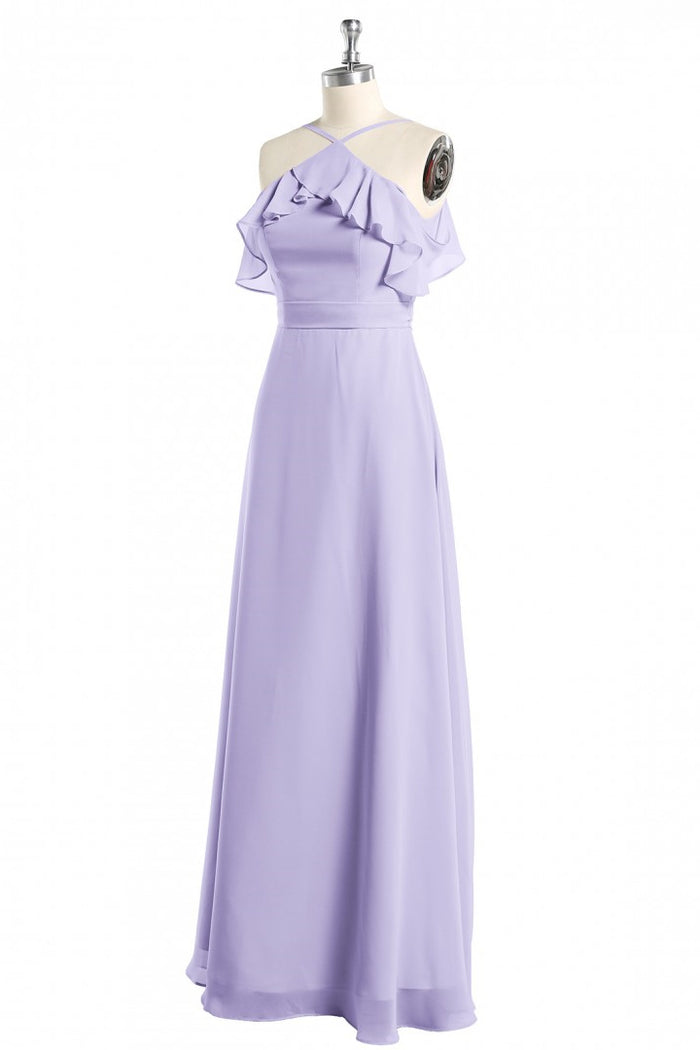 Lavender Halter Ruffled A-Line Long Bridesmaid Dress
