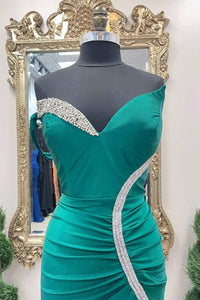 Asymmetrical Green Beaded Mermaid Long Prom Dress with Slit
