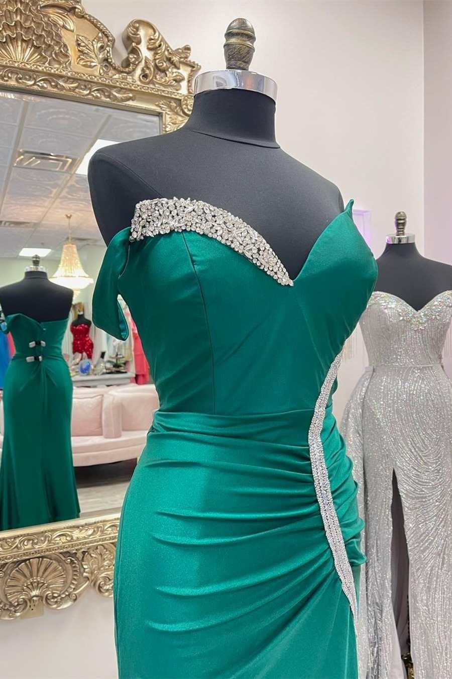 Asymmetrical Green Beaded Mermaid Long Prom Dress with Slit
