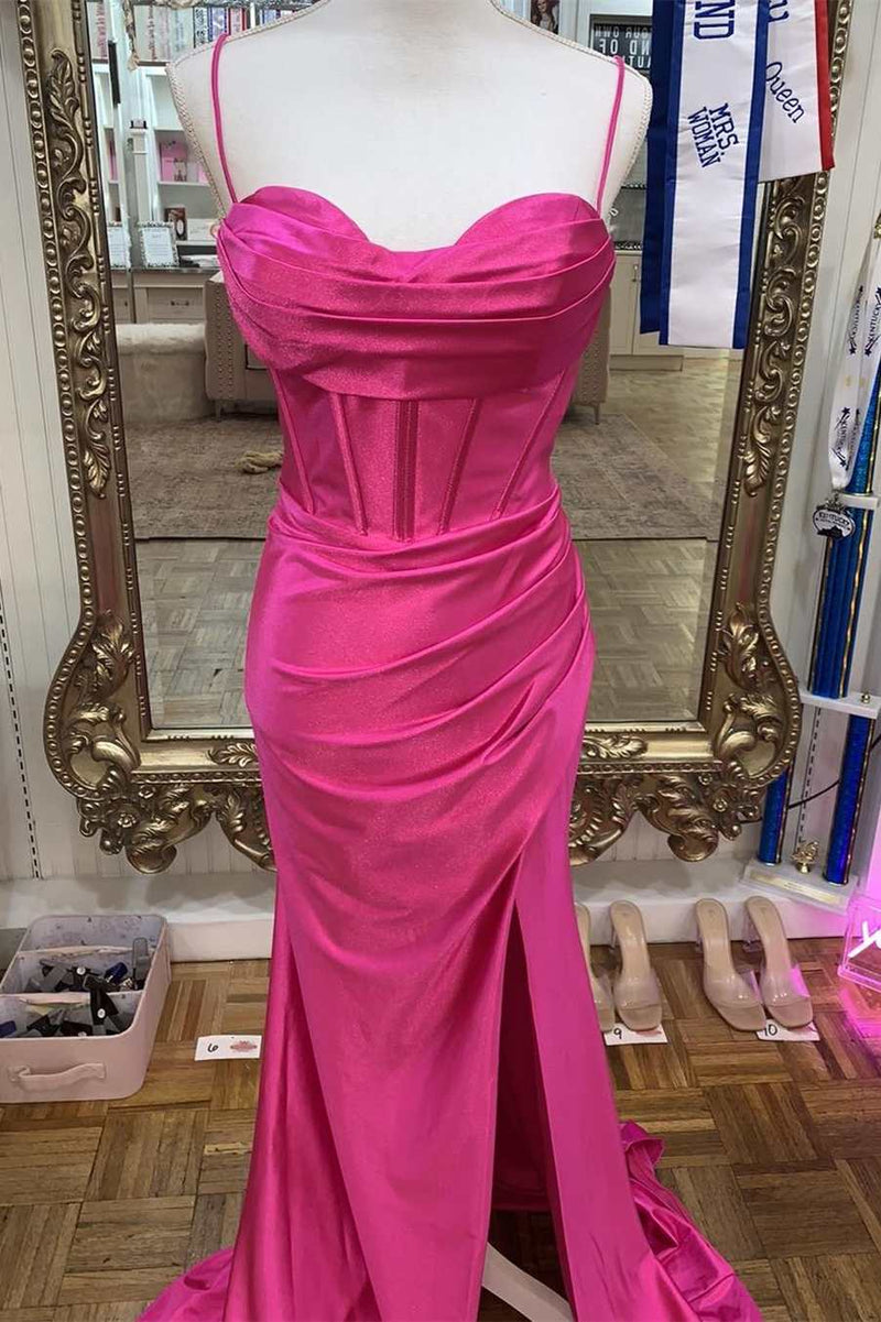 Elegant Hot Pink Mermaid Slit Long Formal Dress