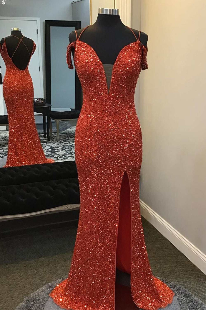 Red Sequin Off-the-Shoulder Mermaid Long Prom Dress with Slit