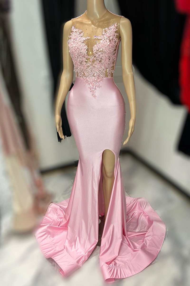 Pink Lace Satin Mermaid Long Prom Dress with Slit