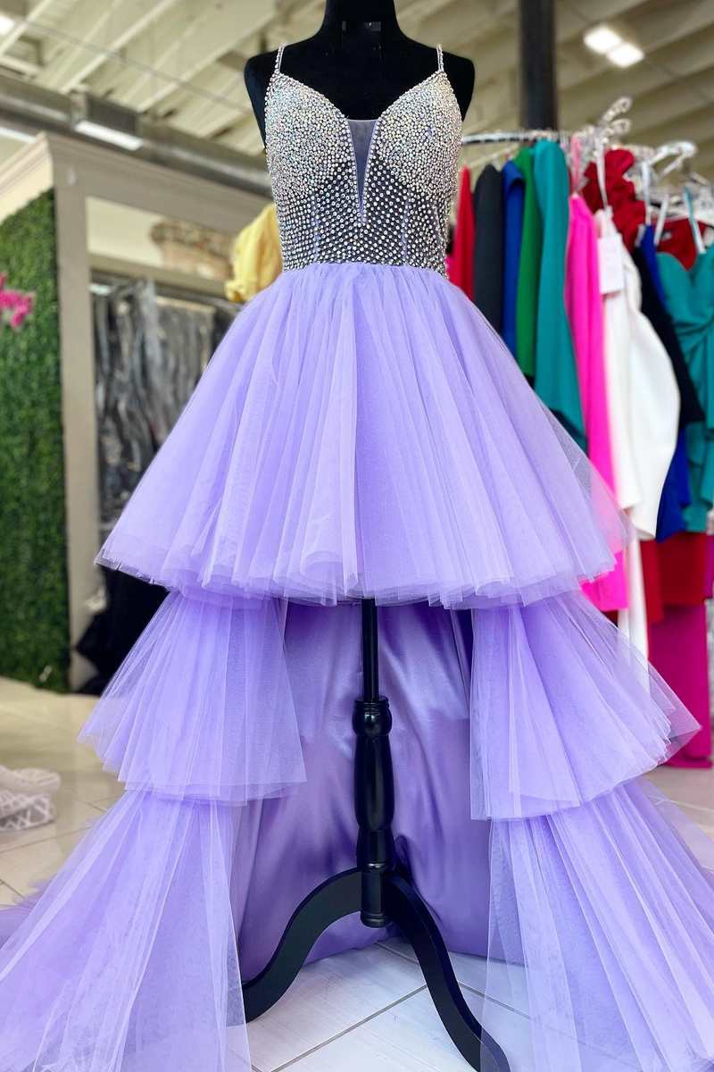 High-Low Lavender Beaded Multi-Tiered Prom Dress