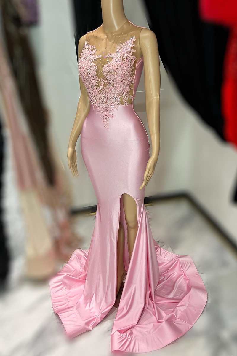 Pink Lace Satin Mermaid Long Prom Dress with Slit