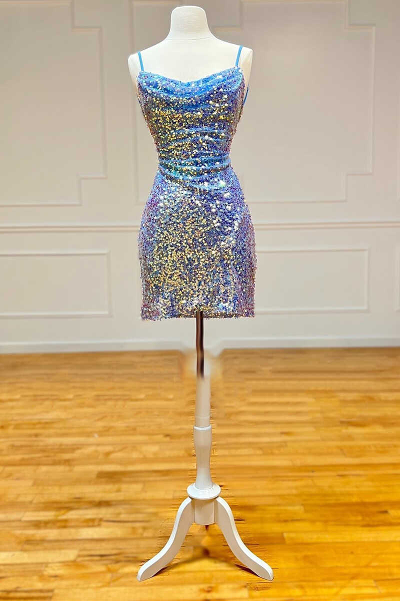 Blue Iridescent Sequin Bodycon Mini Homecoming Dress