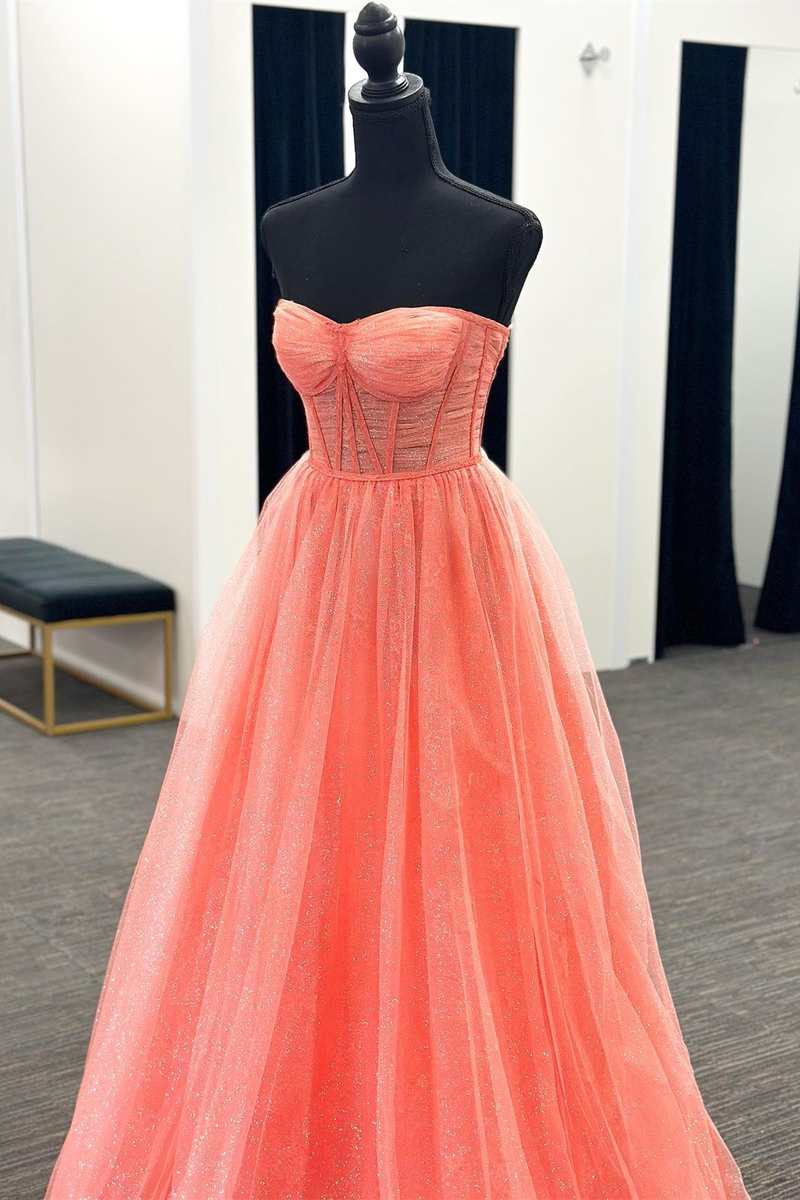 Coral Tulle Strapless A-Line Long Prom Dress