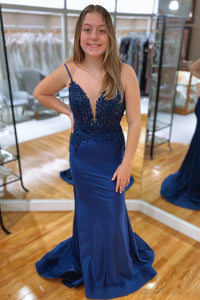 Royal Blue Mermaid V neckline Rhinestone Long Prom Dress