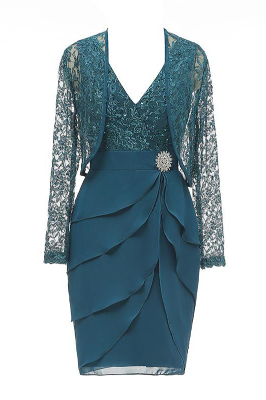 Two-Piece Teal Green V-Neck Lace Ruffled Mother of the Bride Dress