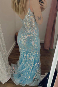 Light Blue Lace Backless Mermaid Long Prom Dress