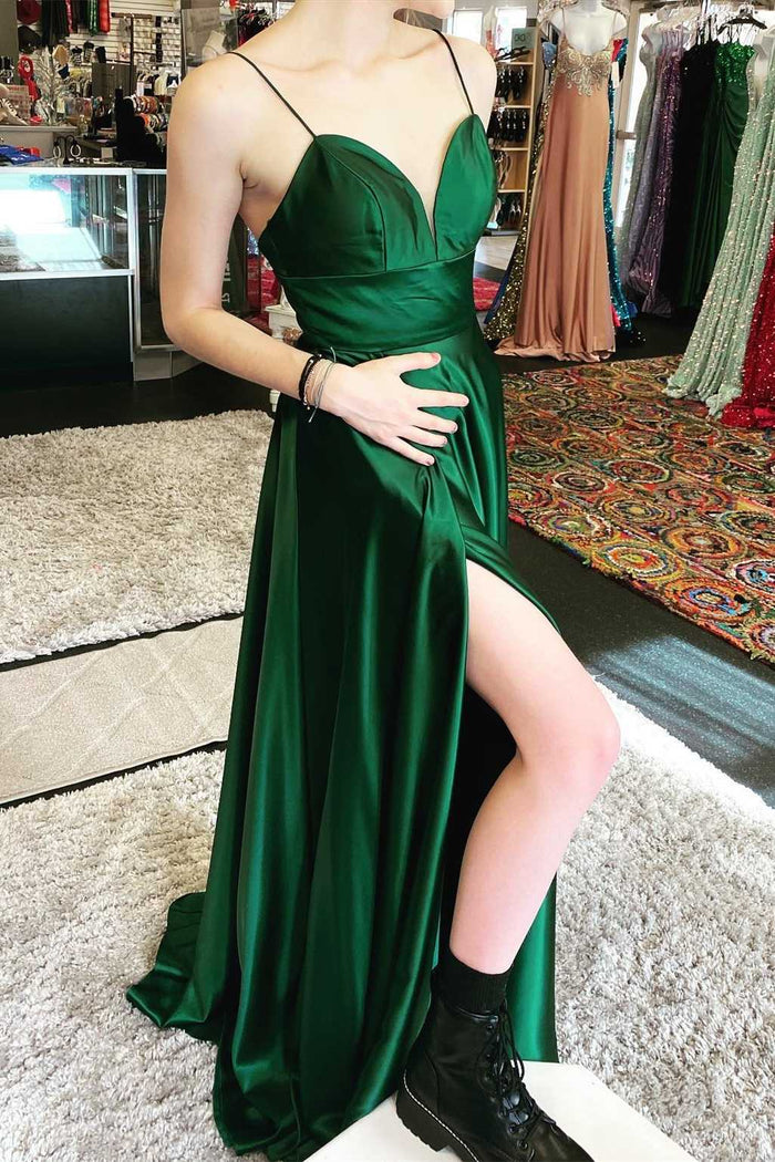 Green V-Neck Empire Waist A-Line Prom Dress with Slit