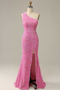 Pink Iridescent Sequin One-Shoulder Mermaid Long Formal Dress with Slit