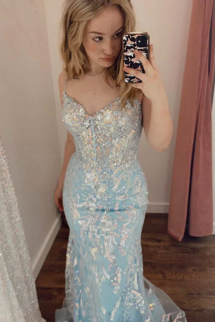 Light Blue Lace Backless Mermaid Long Prom Dress