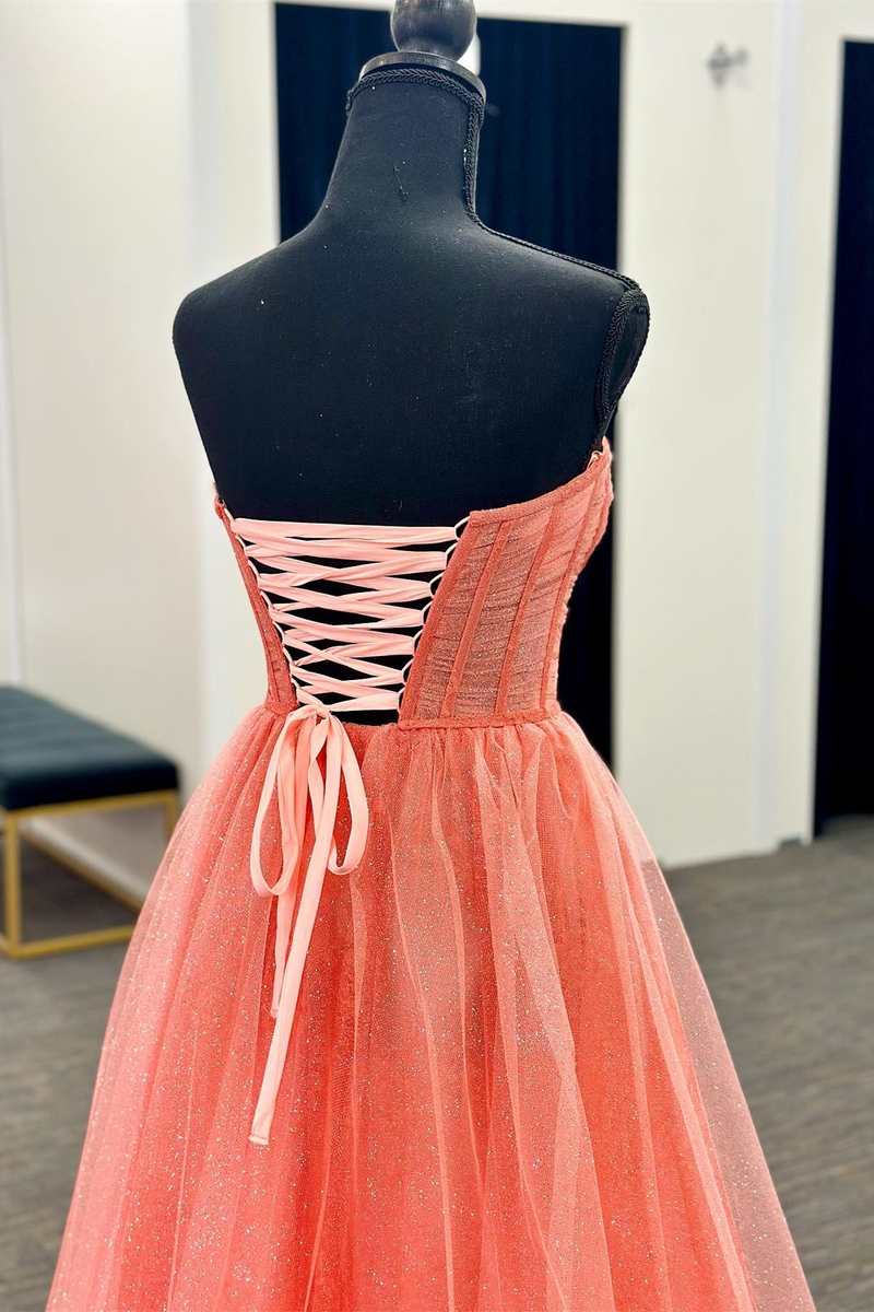 Coral Tulle Strapless A-Line Long Prom Dress