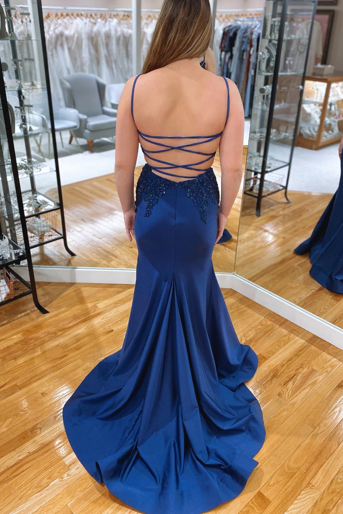 Royal Blue Mermaid V neckline Rhinestone Long Prom Dress