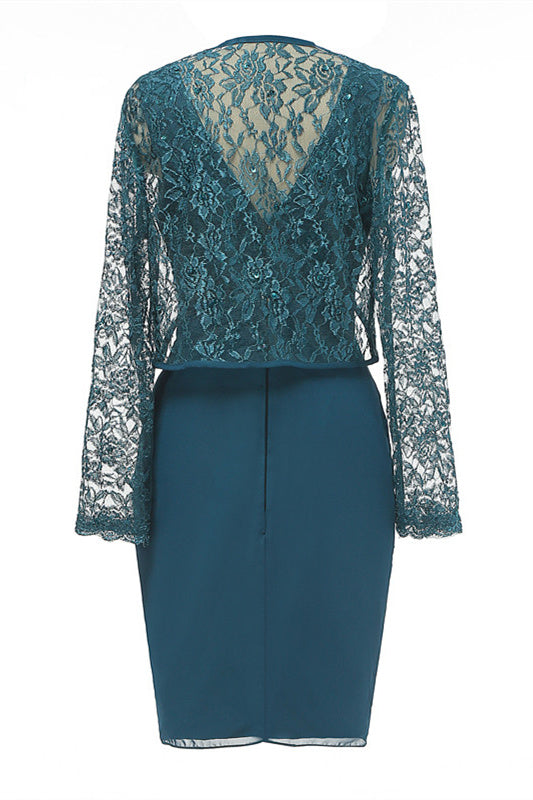 Two-Piece Teal Green V-Neck Lace Ruffled Mother of the Bride Dress