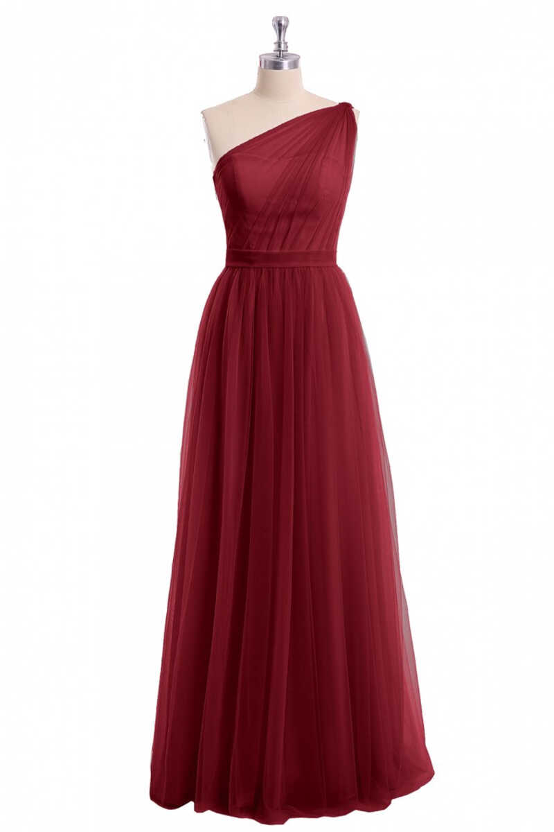 Wine Red Tulle One-Shoulder A-Line Bridesmaid Dress