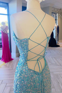 Blue Iridescent Sequin Lace-Up Long Prom Dress with Slit