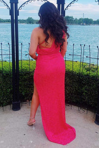 Neon Pink Sequins One-Shoulder Long Prom Dress with Slit