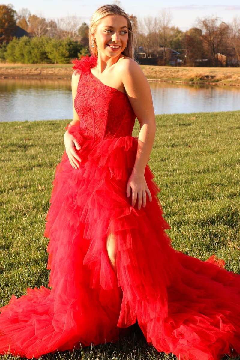 Red Lace One Shoulder Prom Dress