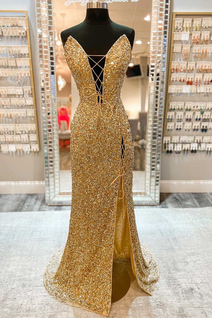 Sexy Gold Sequin Strapless Lace-Up Front Mermaid Long Dress with Slit