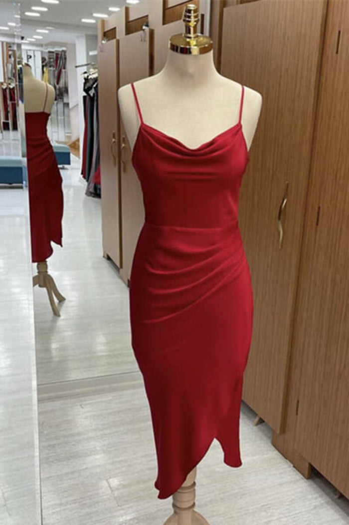 Red Cowl Neck Spaghetti Straps Bodycon Formal Dress