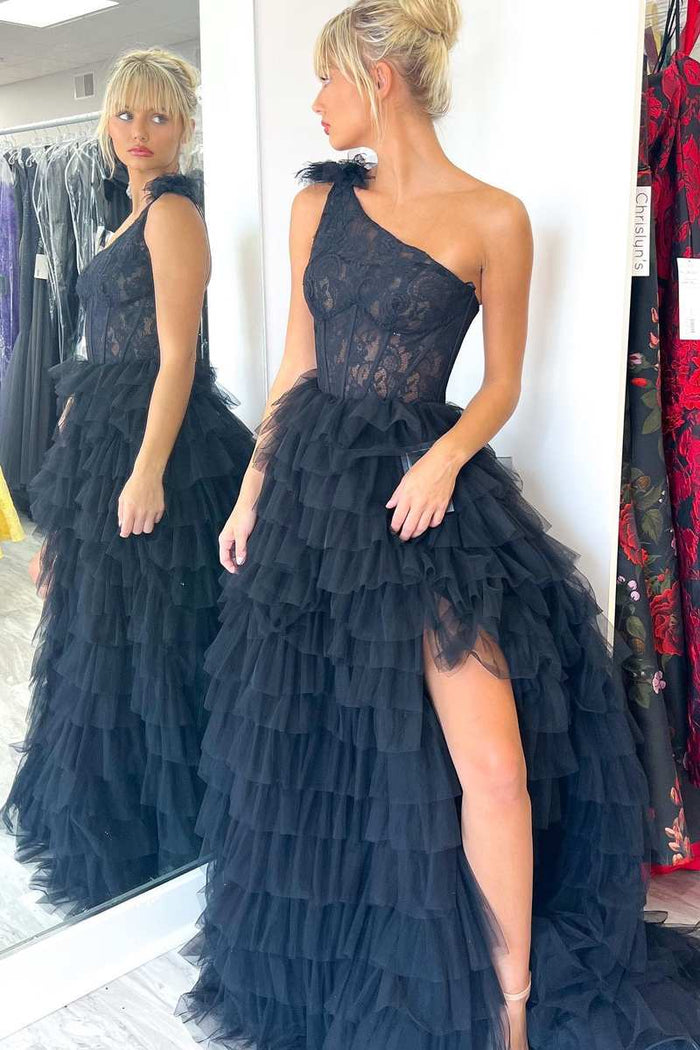 Black Lace One-Shoulder Multi-Tiered Ball Gown with Ruffles