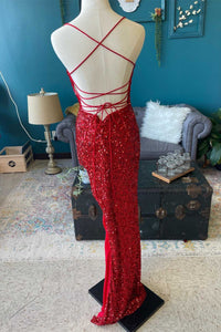 Red Sequin Cowl Neck Lace-Up Back High-Low Prom Dress