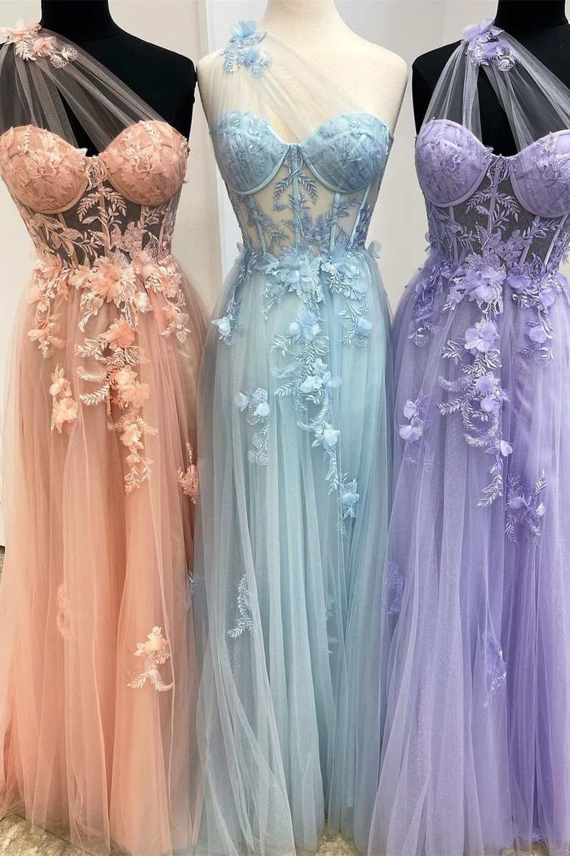 Fairy-Tale Appliques One-Shoulder A-Line Prom Gown