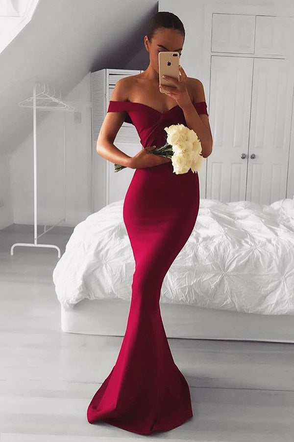 Elegant Off Shoulder Mermaid Wine Red Long Bridesmaid Dress