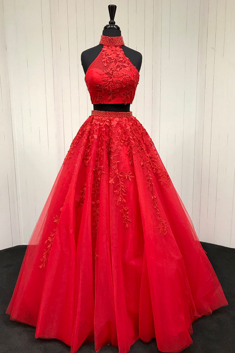 Elegant High Neck Two Piece Red Long Prom Dress