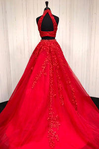 Elegant High Neck Two Piece Red Long Prom Dress
