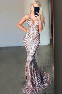 Sexy V Neck Straps Mermaid Rose Gold Sequins Long Evening Dress