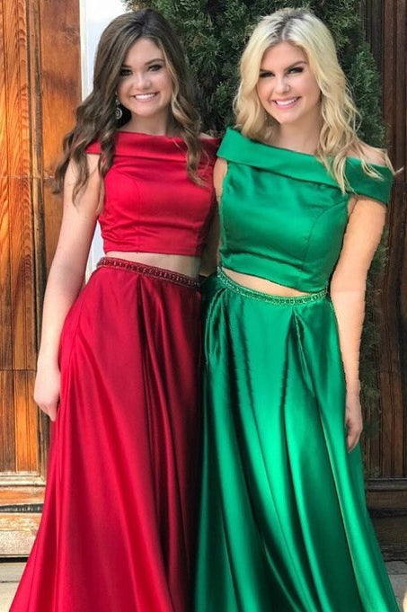 Two Piece Off Shoulder Green Long Prom Dress with Pockets
