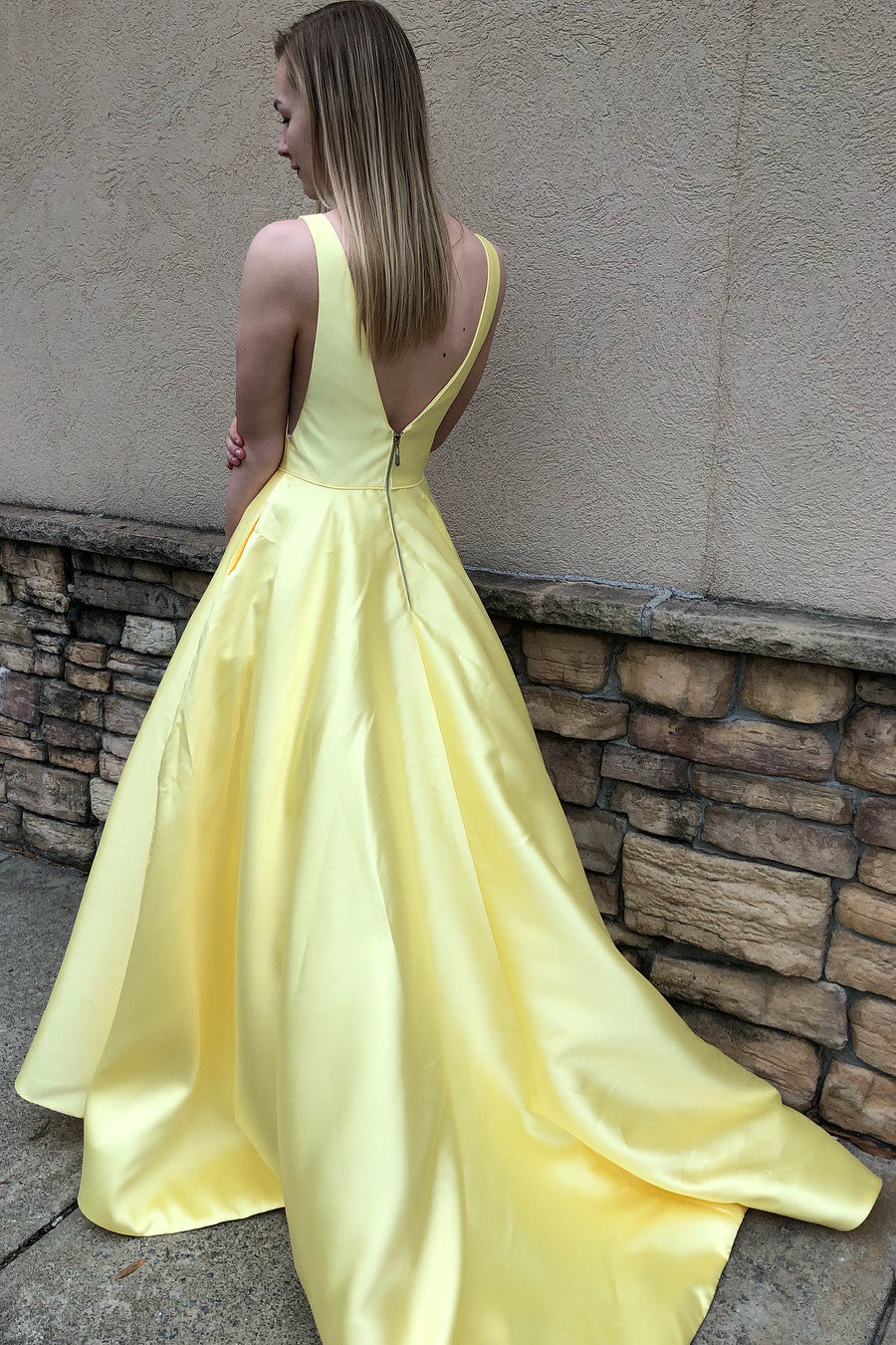 Simple V-Neck Yellow Long Prom Dress