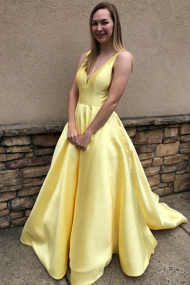 Simple V-Neck Yellow Long Prom Dress