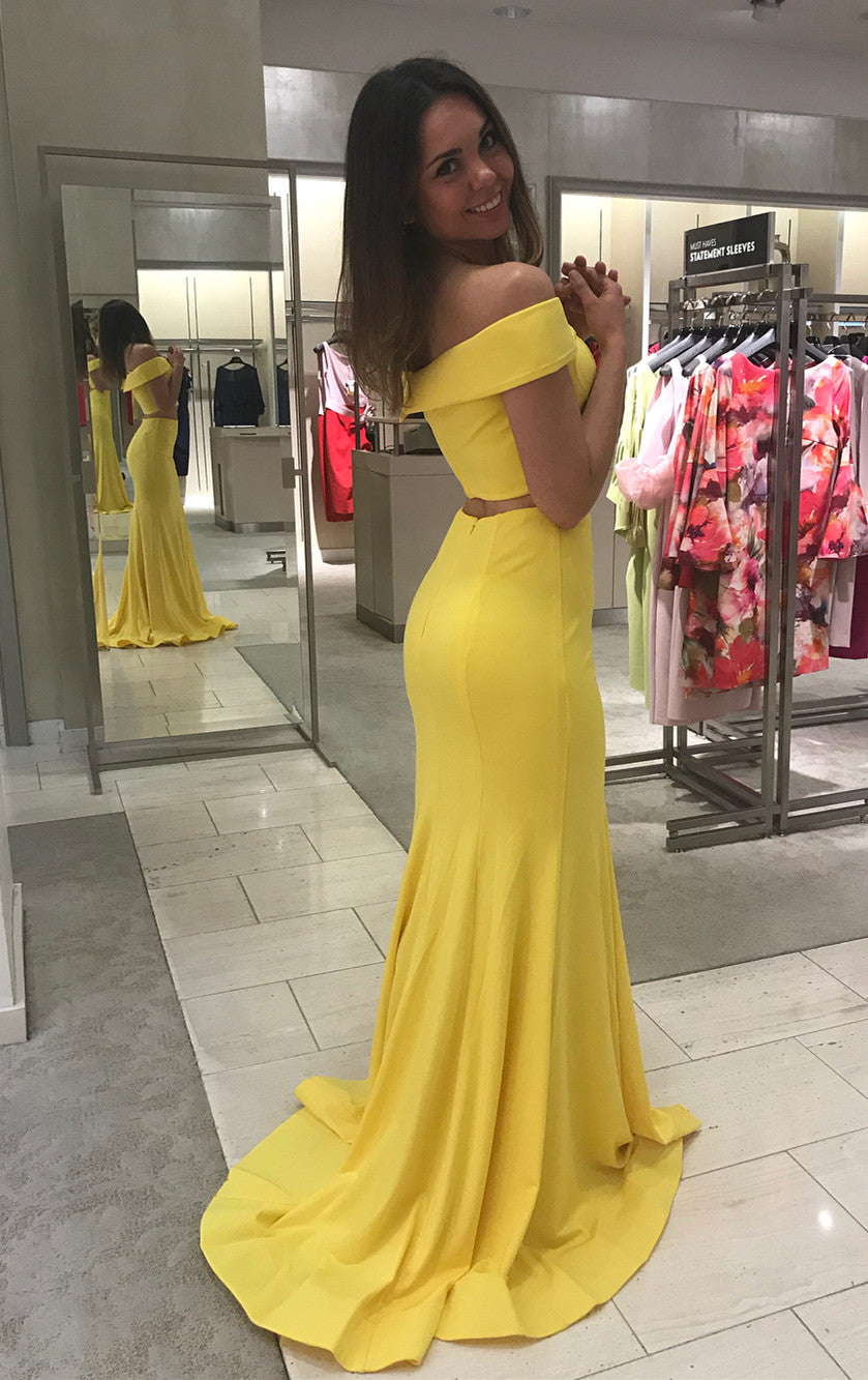 Two Piece Off the Shoulder Yellow Mermaid Long Prom Dress