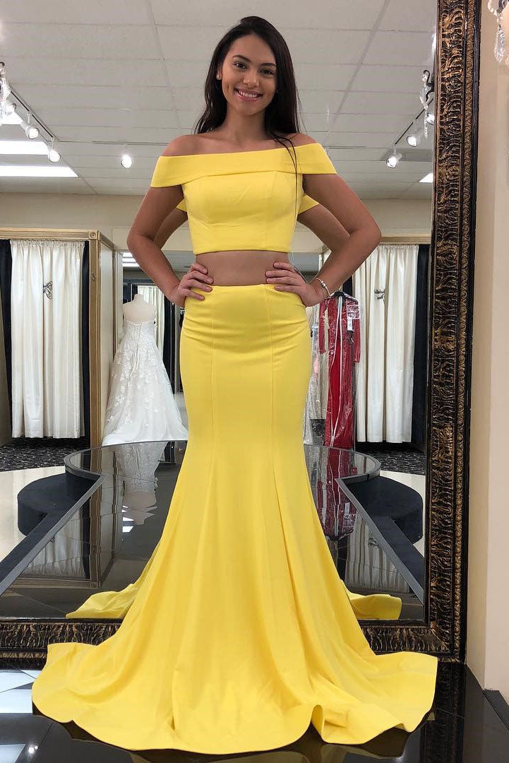 DDreamdressy Two Piece Off The Shoulder Yellow Mermaid Long Prom Dress US 26W Blue