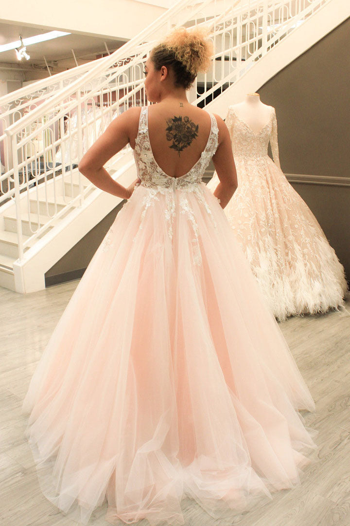 Princess V Neck Pink Tulle Long Prom Dress with Lace Appliques