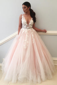 Princess V Neck Pink Tulle Long Prom Dress with Lace Appliques