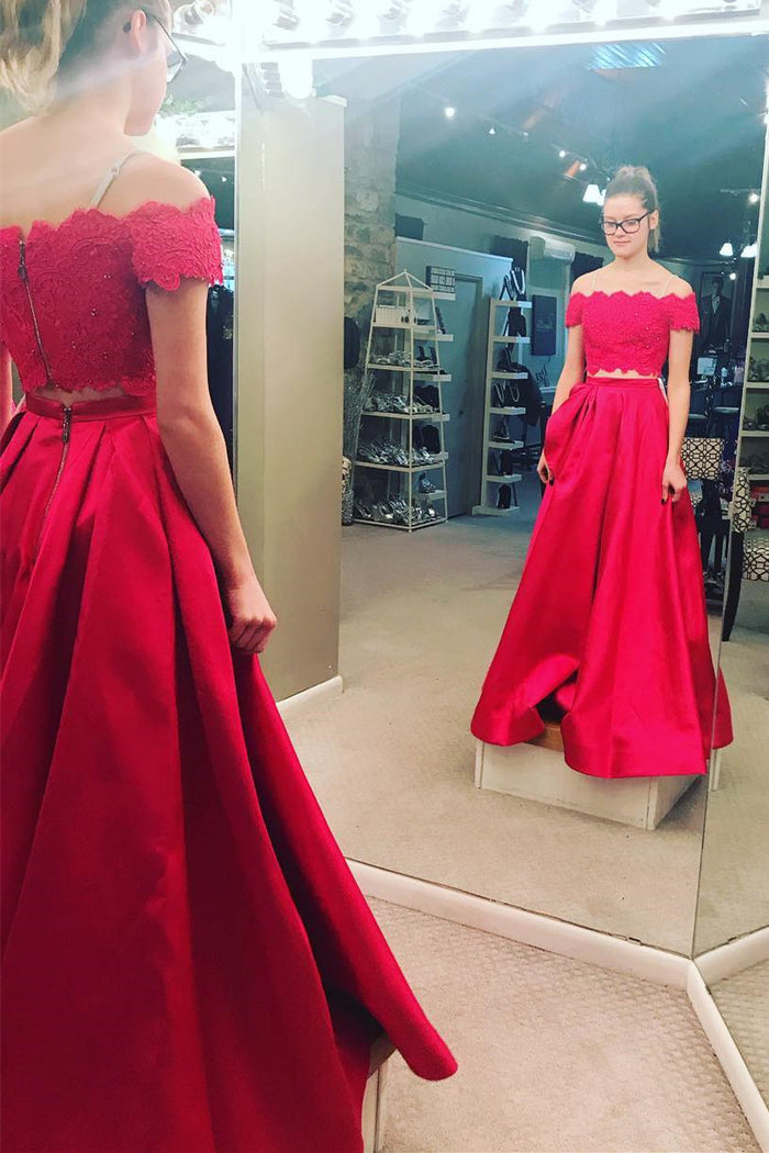 Two Piece Off the Shoulder White/Red Long Prom Dress – Dreamdressy