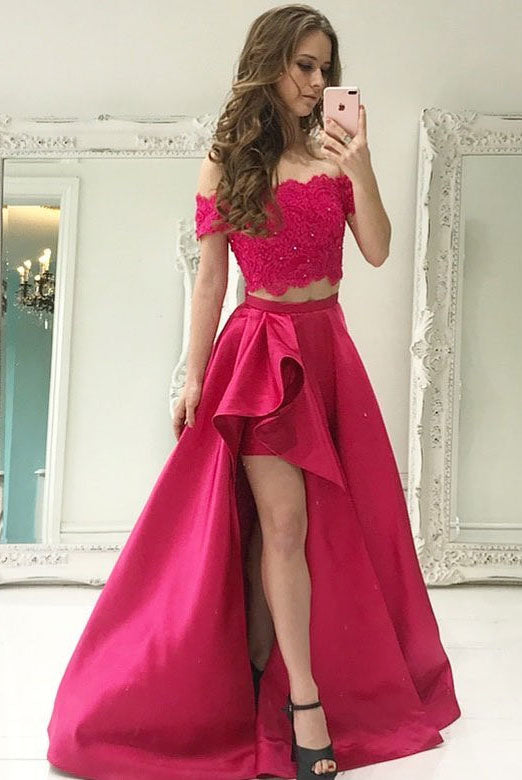 Two Piece Off the Shoulder White-Red Long Prom Dress