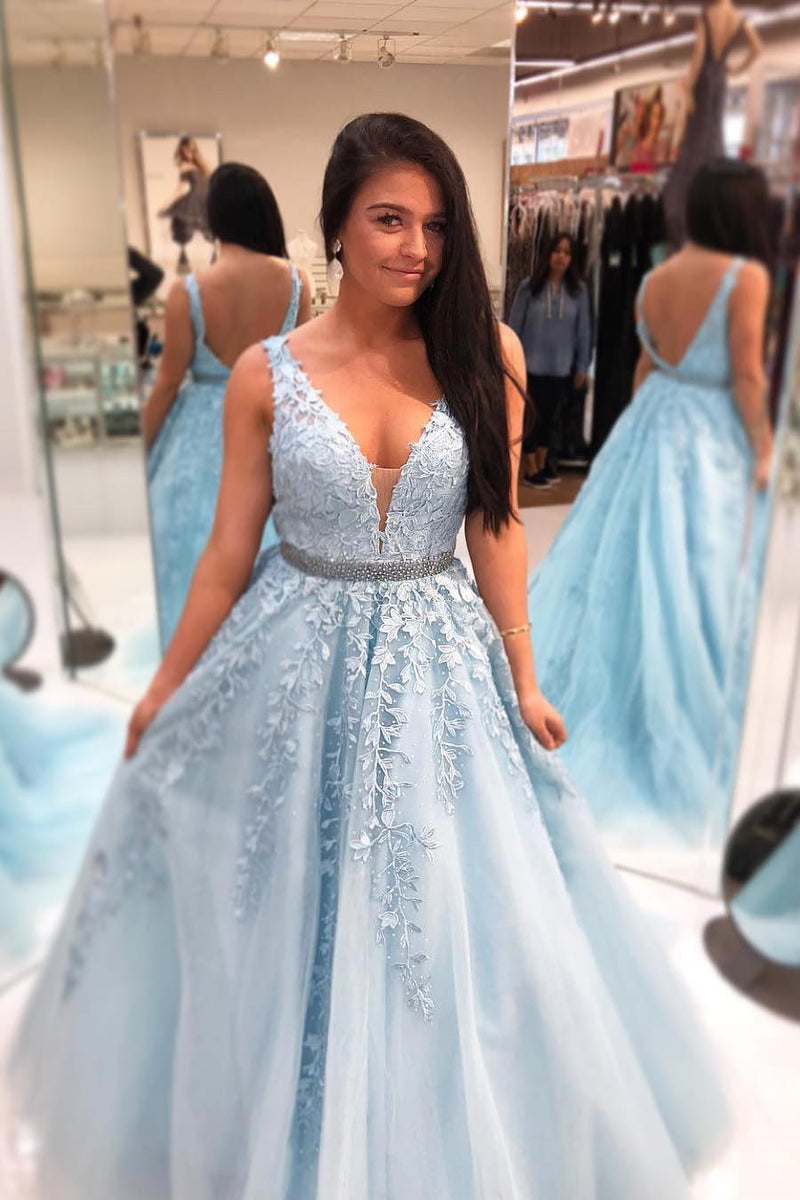 Light Blue Long Prom Dress with Lace Appliques