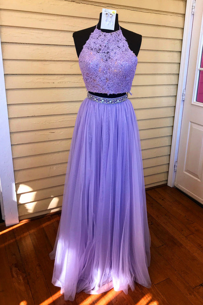 Two Piece Halter Lavender Long Prom Dress