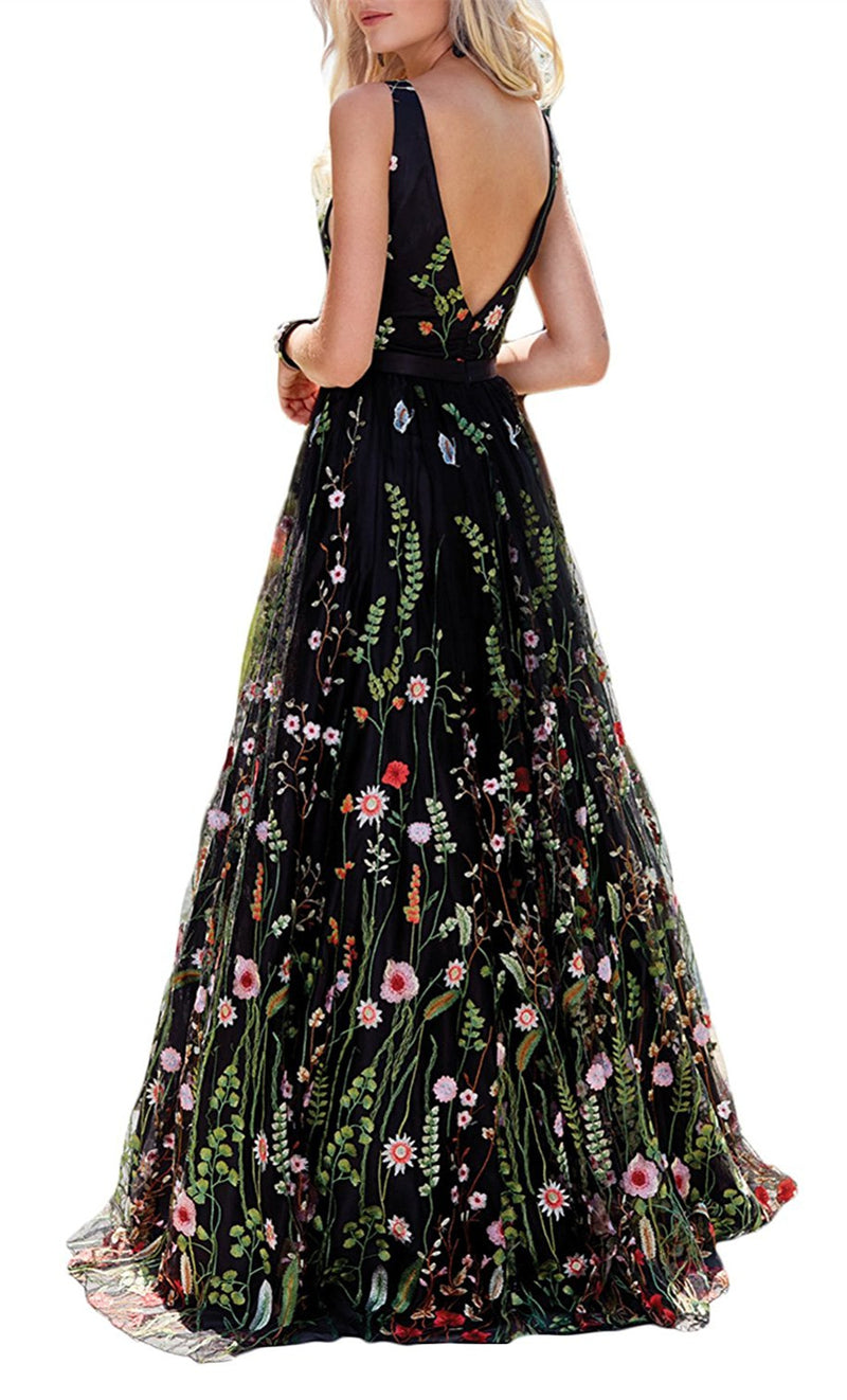 Princess Straps Black Floral Long Prom Dress