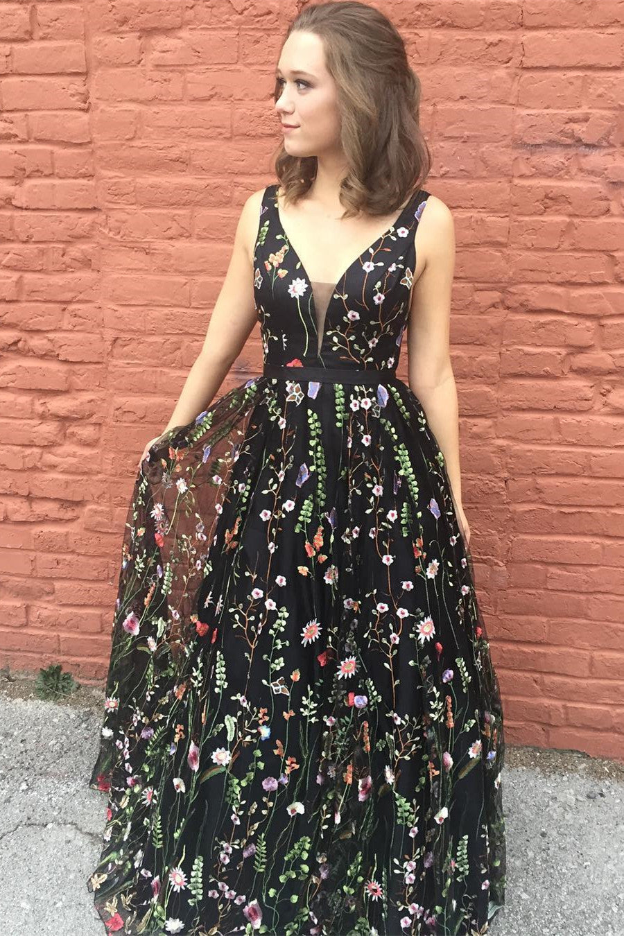 Black floral store embroidered prom dress