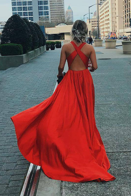 V Neck Red Long Formal Prom Dress with Side Slit