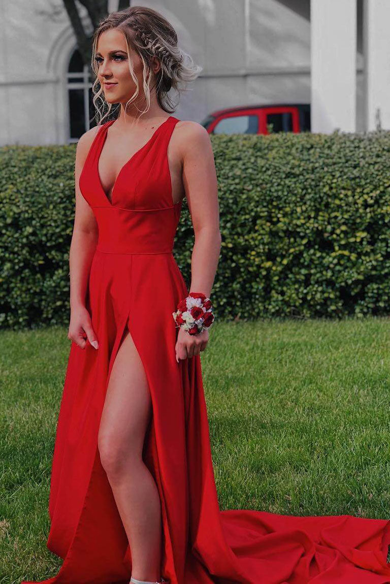 V Neck Red Long Formal Prom Dress with Side Slit