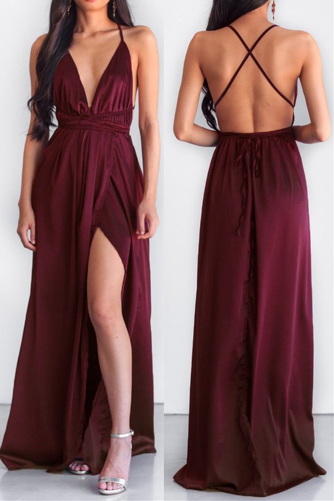 Sexy A-line Maroon Long Prom Dress with Cross Back and Slit